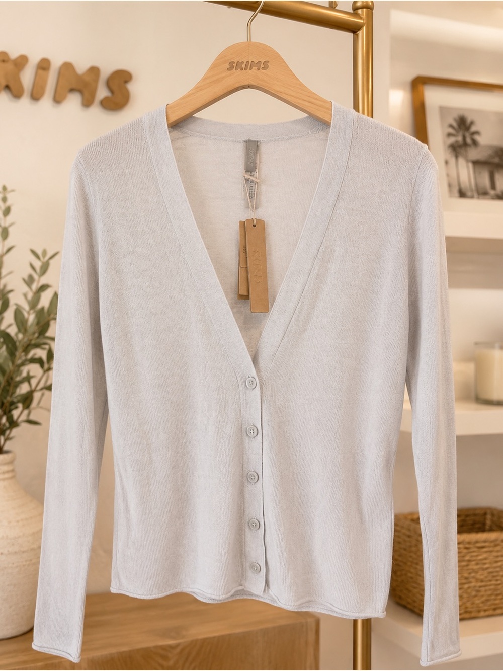 NWT SKIMS Sheer Cashmere Cardigan Pearl Size Small Featherweight Button Front
